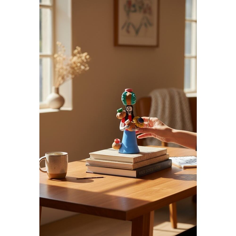 Vintage Day Of The Dead Clay Woman Figure Carrying Pots